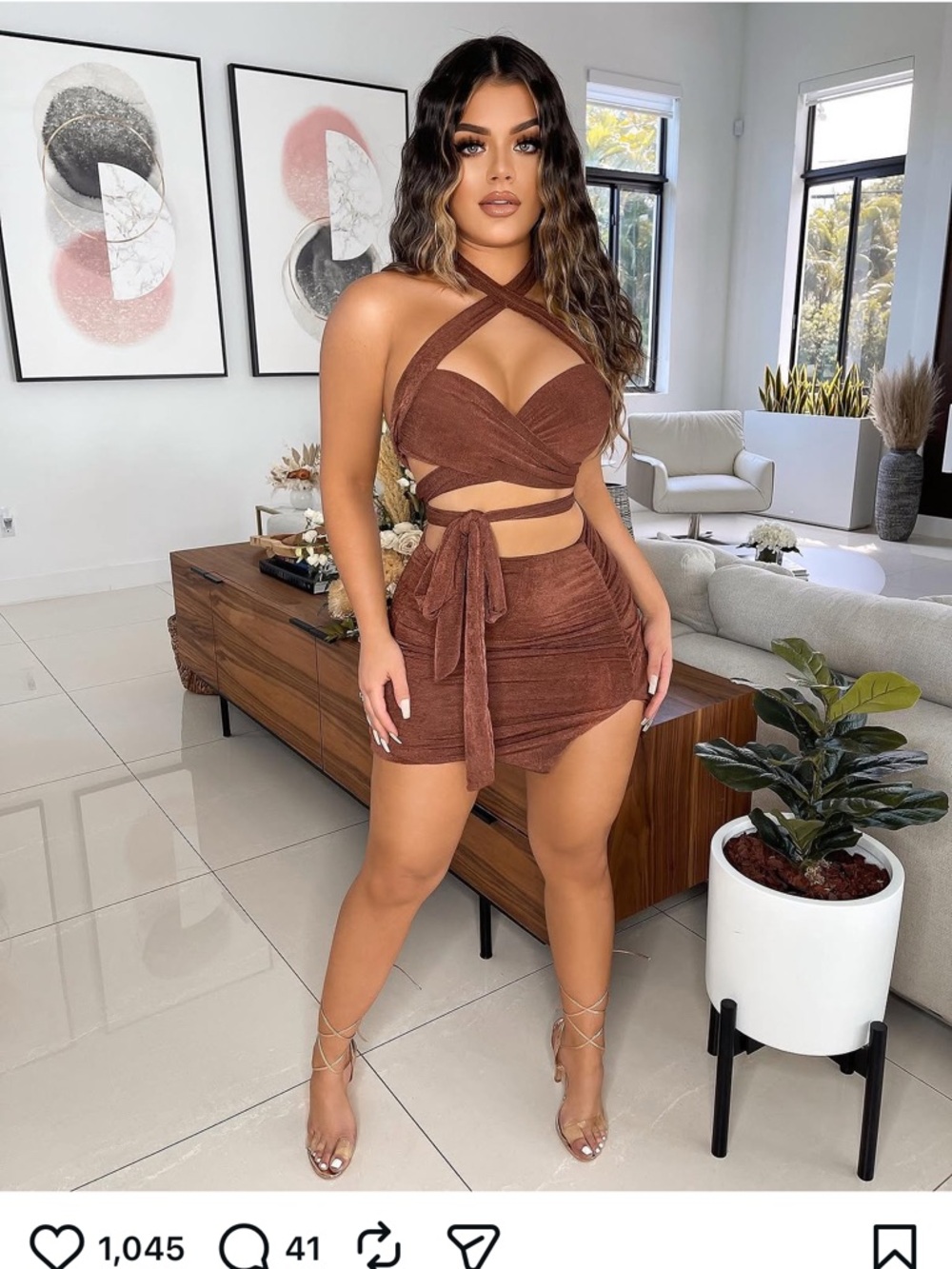 Brown Crisscross Tie-Waist Two-Piece Mini Set